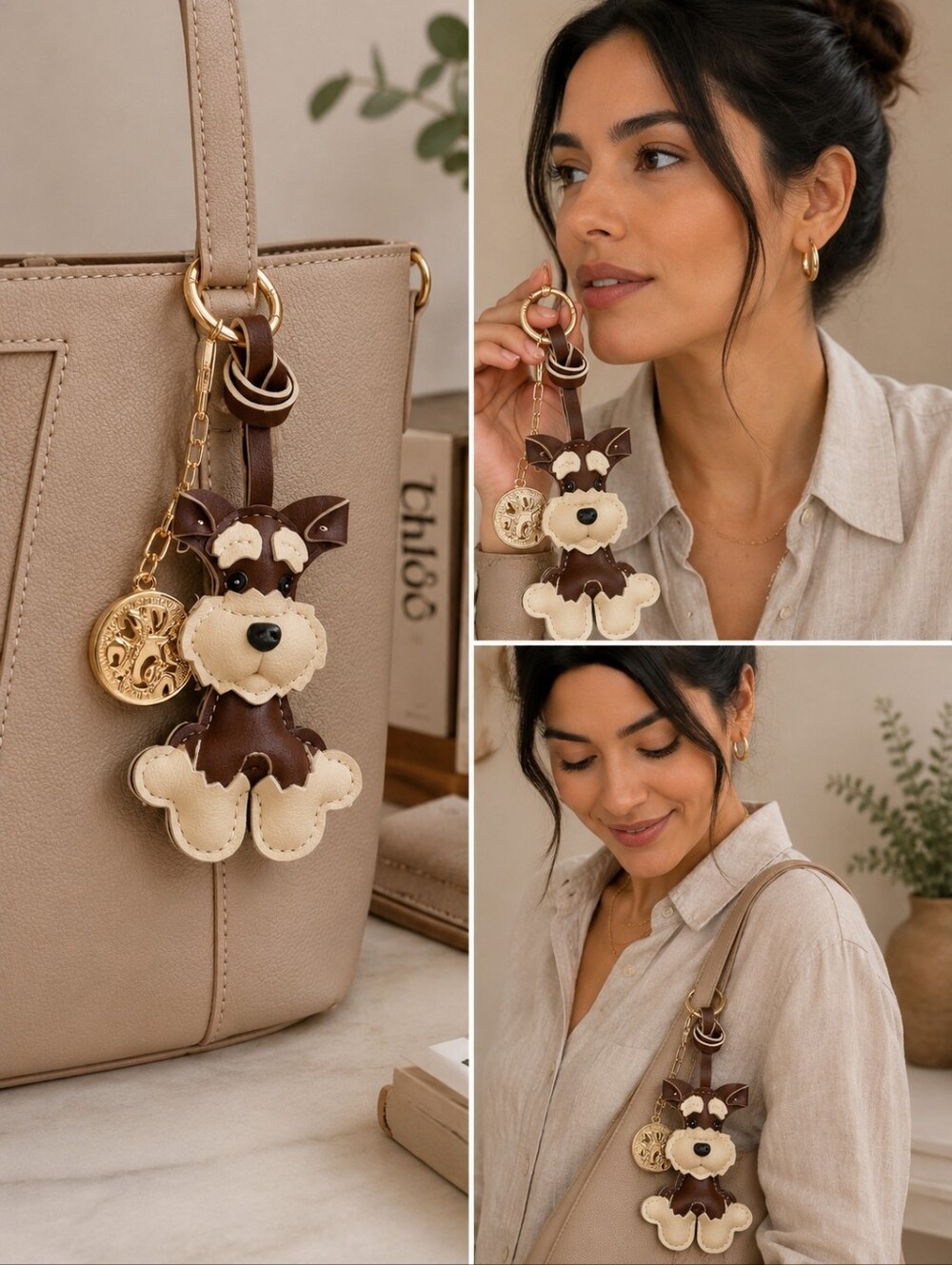 Piper Brown and Cream Dog Pleather Bag Charm Keychain